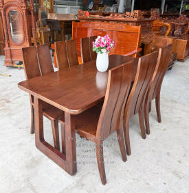 Bàn Ăn Gỗ Sồi Nga 6 Ghế Màu Óc Chó - Mẫu Chân Choãi - Mặt Bàn Gỗ