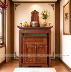 Bàn Thờ Gỗ Sồi Mỹ Màu Óc Chó Hiện Đại Kèm Tủ Cơm