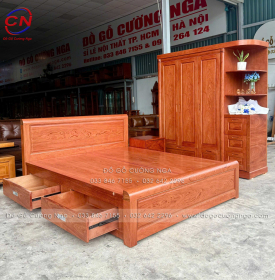 Combo Giường Tủ Gỗ Hương Đá Kèm Kệ Trang Trí Sang Trọng