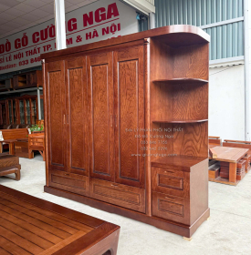Tủ Áo Gỗ Sồi Nga 4 Cánh Kèm Góc Trang Trí Bo Cạnh - Màu Óc Chó