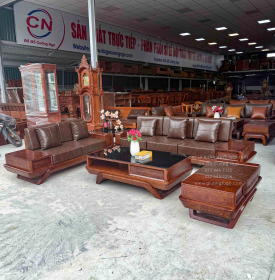 Bộ Sofa Gỗ Sồi Nga 2 Văng Chân Thuyền 3m3x2m6 Màu Óc Chó Cao Cấp