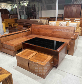 Sofa Gỗ Đinh Hương Góc L Tựa Soi 2m1x1m6 Kết Hợp Bàn Boom