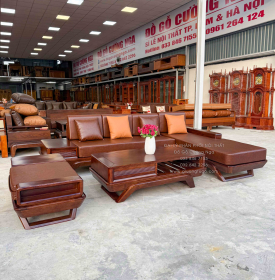 Bộ Sofa Gỗ Sồi Nga Góc L Chân Thuyền 2m8x1m9 Màu Óc Chó Sang Trọng
