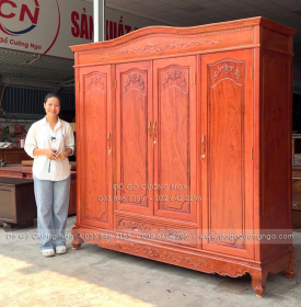 Tủ Áo Gỗ Hương Đá 4 Cánh Tân Cổ Điển Thiết Kế Bản Lề Lá 