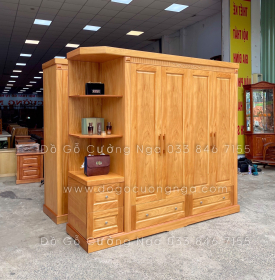 Tủ quần áo gỗ gõ đỏ 4 cánh 2m3 vế trái - kèm kệ trang trí 