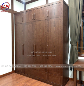 Tủ Áo Gỗ Sồi Màu Óc Chó  4 Cánh 2 Tầng – Thiết Kế Hiện Đại