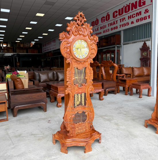 Đồng Hồ Gỗ Hương Đá Mẫu Hoa Hồng Cao Cấp 1m75