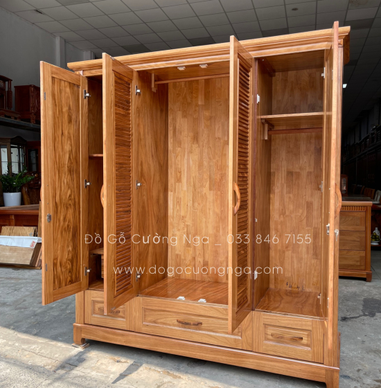 Tủ quần áo gỗ hương xám cao cấp 4 cánh  2m mẫu lá sách 