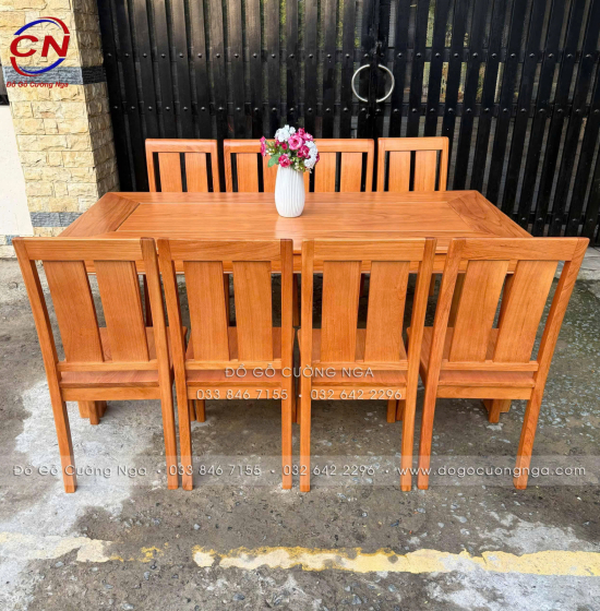 Bộ Bàn Ăn Gỗ Gõ Đỏ Hiện Đại 8 Ghế Mặt Liền 