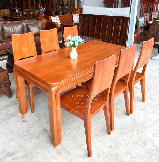 Bàn Ăn Gỗ Sồi Nga 6 Ghế Màu Cánh Gián Mẫu Chân Bo Hiện Đại