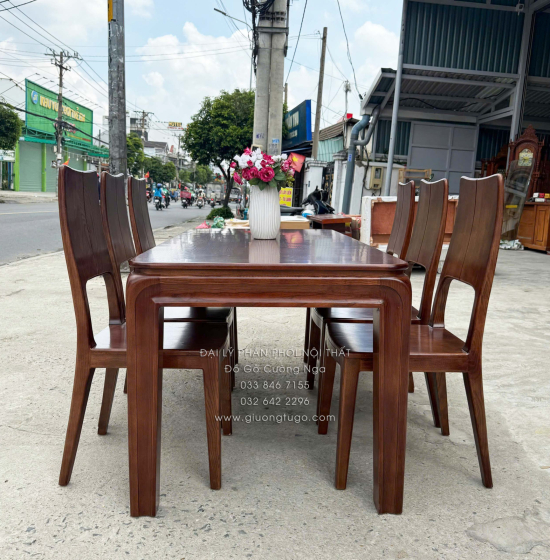 Bàn Ăn Gỗ Sồi Nga 6 Ghế Màu Óc Chó Mẫu Chân Bo Hiện Đại