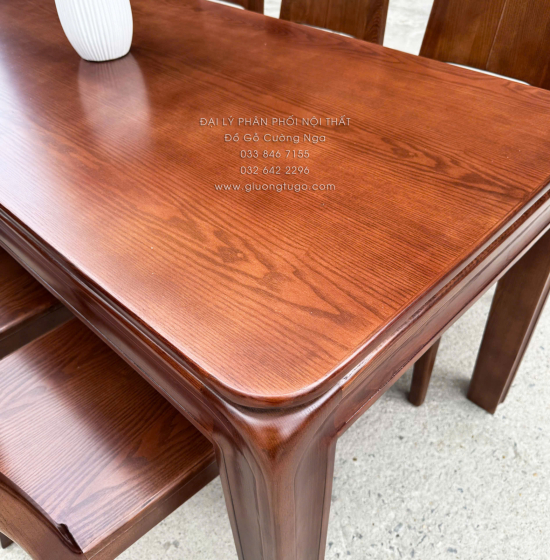 Bàn Ăn Gỗ Sồi Nga 6 Ghế Màu Óc Chó Mẫu Chân Bo Hiện Đại