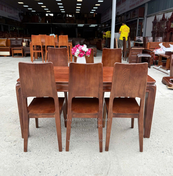 Bàn Ăn Gỗ Sồi Nga 6 Ghế Màu Óc Chó Mẫu Chân Bo Hiện Đại