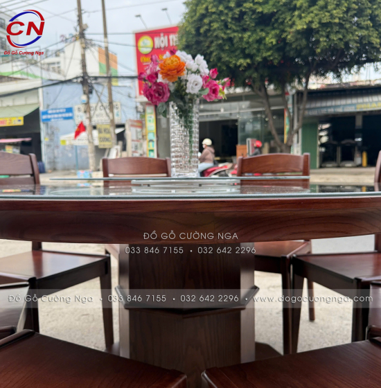 Bàn Ăn Gỗ Sồi Tròn 1m4 8 Ghế Màu Óc Chó Cao Cấp