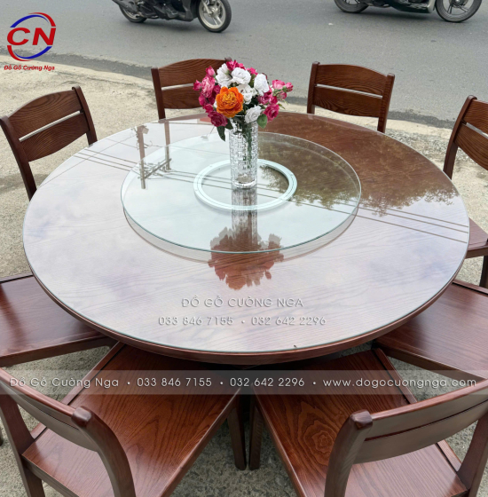 Bàn Ăn Gỗ Sồi Tròn 1m4 8 Ghế Màu Óc Chó Cao Cấp