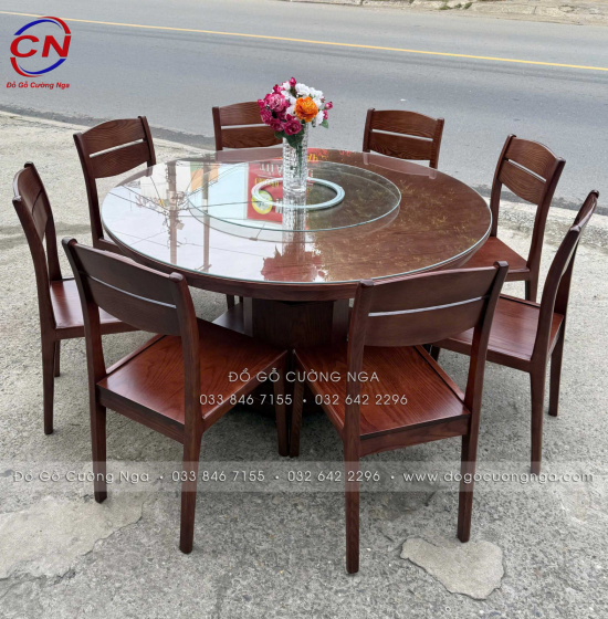 Bàn Ăn Gỗ Sồi Tròn 1m4 8 Ghế Màu Óc Chó Cao Cấp
