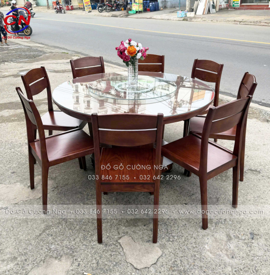 Bàn Ăn Gỗ Sồi Tròn 1m4 8 Ghế Màu Óc Chó Cao Cấp