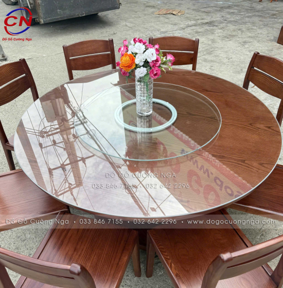 Bàn Ăn Gỗ Sồi Tròn 1m4 8 Ghế Màu Óc Chó Cao Cấp
