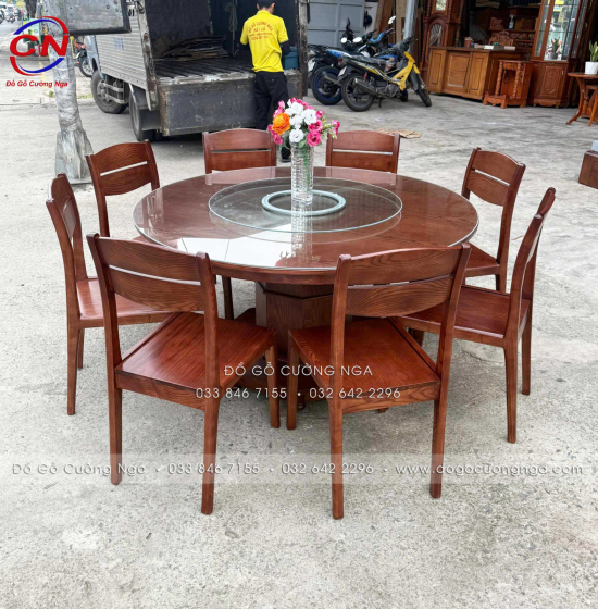 Bàn Ăn Gỗ Sồi Tròn 1m4 8 Ghế Màu Óc Chó Cao Cấp