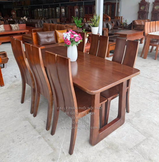 Bàn Ăn Gỗ Sồi Nga 6 Ghế Màu Óc Chó - Mẫu Chân Choãi - Mặt Bàn Gỗ