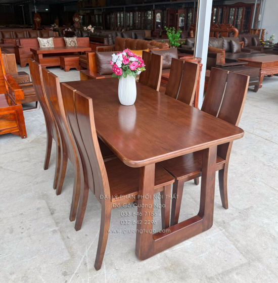Bàn Ăn Gỗ Sồi Nga 6 Ghế Màu Óc Chó - Mẫu Chân Choãi - Mặt Bàn Gỗ