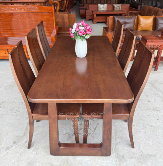Bàn Ăn Gỗ Sồi Nga 6 Ghế Màu Óc Chó - Mẫu Chân Choãi - Mặt Bàn Gỗ