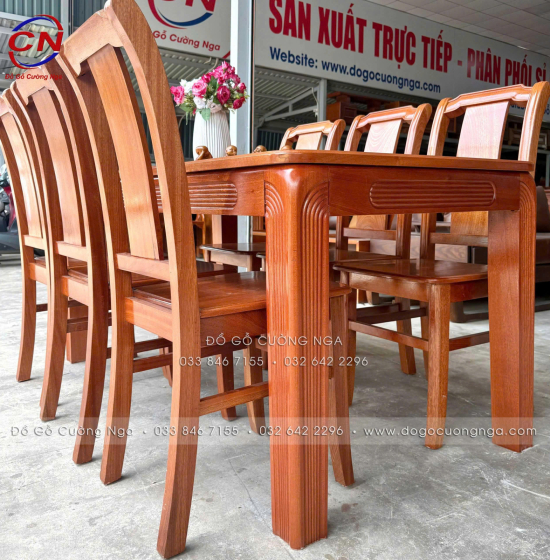 Bàn ăn gỗ xoan đào hiện đại 6 ghế một lá tựa cong 
