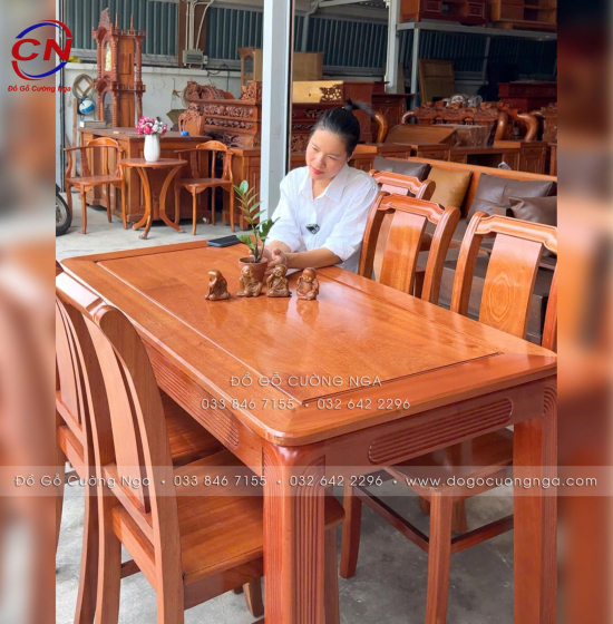 Bàn ăn gỗ xoan đào hiện đại 6 ghế một lá tựa cong 