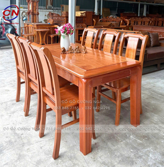 Bàn ăn gỗ xoan đào hiện đại 6 ghế một lá tựa cong 