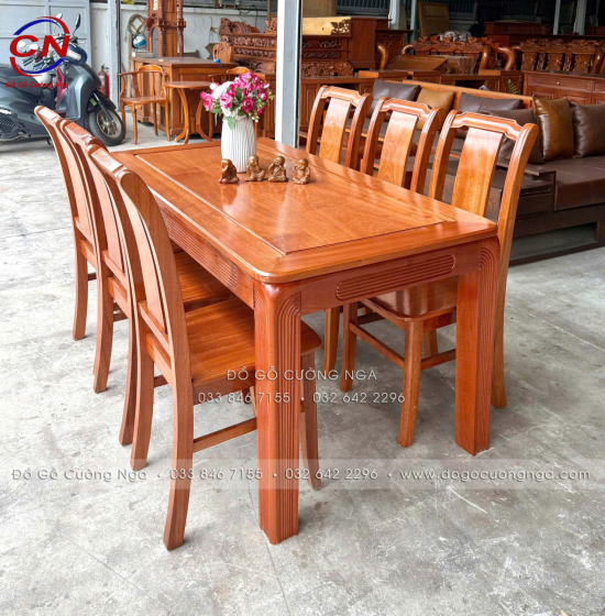 Bàn ăn gỗ xoan đào hiện đại 6 ghế một lá tựa cong 