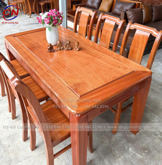 Bàn ăn gỗ xoan đào hiện đại 6 ghế một lá tựa cong 
