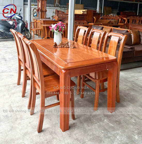 Bàn ăn gỗ xoan đào hiện đại 6 ghế một lá tựa cong 