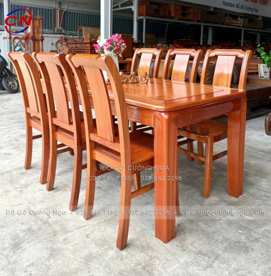Bàn ăn gỗ xoan đào hiện đại 6 ghế một lá tựa cong 