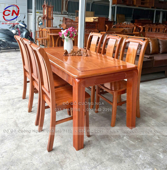 Bàn ăn gỗ xoan đào hiện đại 6 ghế một lá tựa cong 
