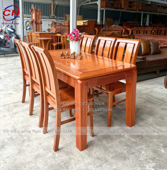 Bàn ăn gỗ xoan đào kèm 6 ghế 2 lá hiện đại