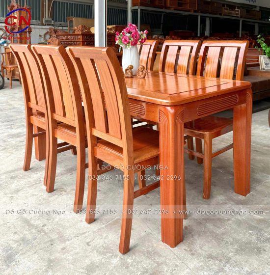 Bàn ăn gỗ xoan đào kèm 6 ghế 2 lá hiện đại