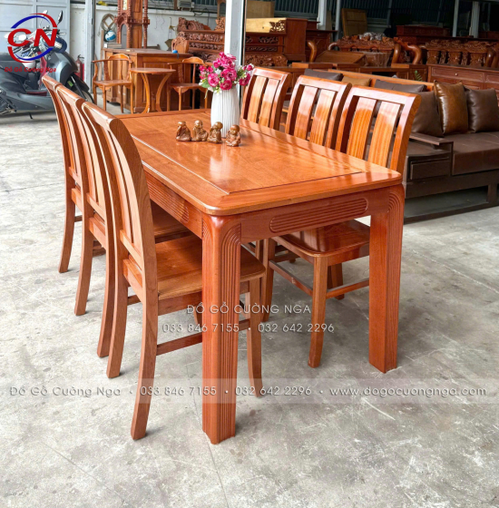 Bàn ăn gỗ xoan đào kèm 6 ghế 2 lá hiện đại