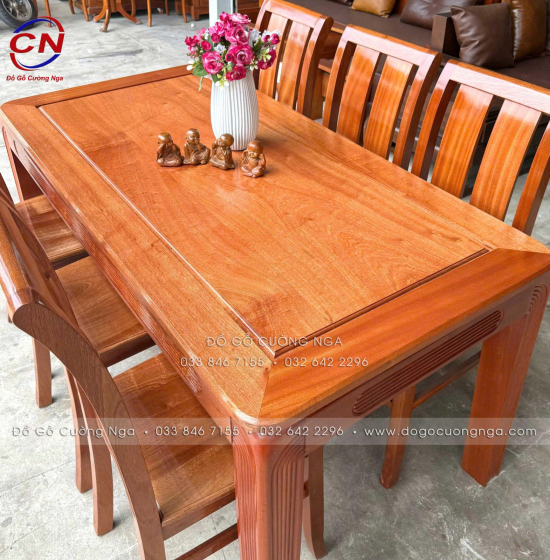 Bàn ăn gỗ xoan đào kèm 6 ghế 2 lá hiện đại