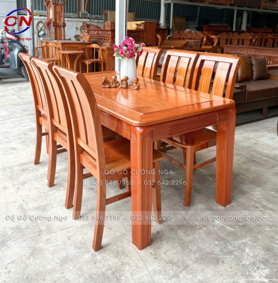 Bàn ăn gỗ xoan đào kèm 6 ghế 2 lá hiện đại