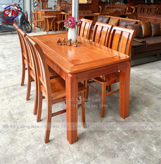 Bàn ăn gỗ xoan đào kèm 6 ghế 2 lá hiện đại