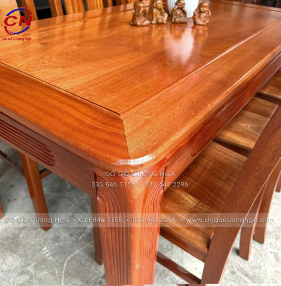 Bàn ăn gỗ xoan đào kèm 6 ghế 2 lá hiện đại