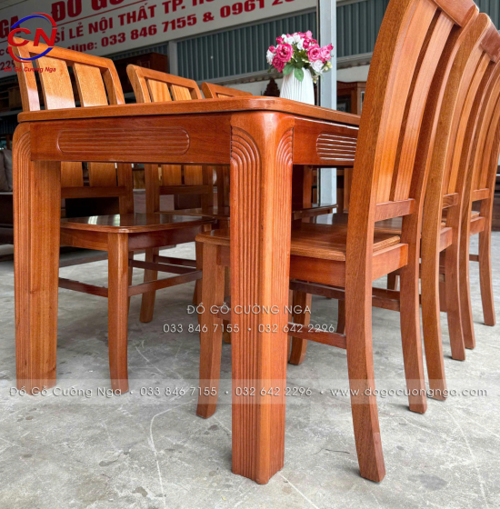 Bàn ăn gỗ xoan đào kèm 6 ghế 2 lá hiện đại