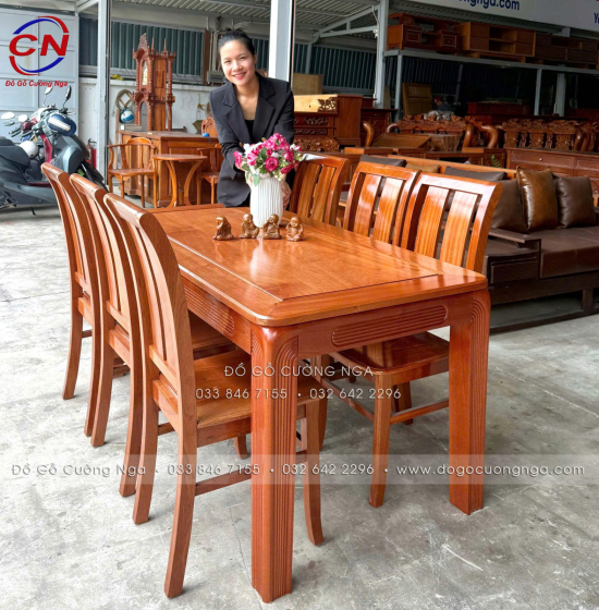 Bàn ăn gỗ xoan đào kèm 6 ghế 2 lá hiện đại