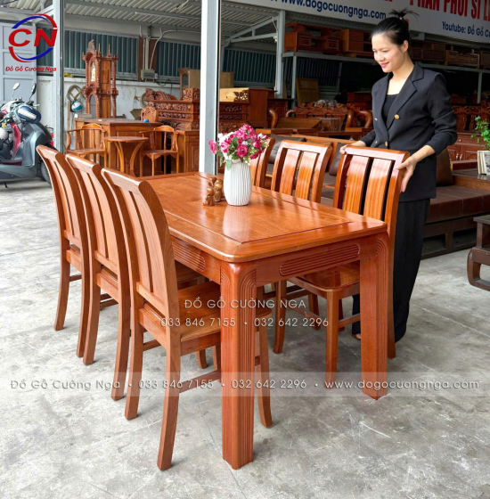 Bàn ăn gỗ xoan đào kèm 6 ghế 2 lá hiện đại