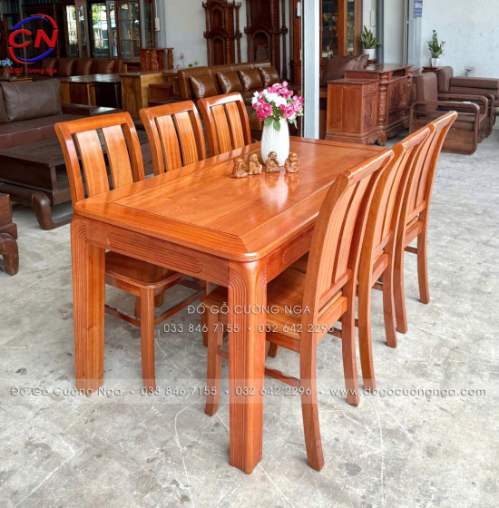 Bàn ăn gỗ xoan đào kèm 6 ghế 2 lá hiện đại