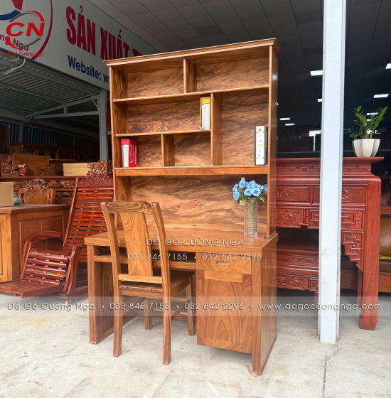 Bàn Ghế Học Sinh Gỗ Hương Xám 1m Có Kệ Sách BH 24.1