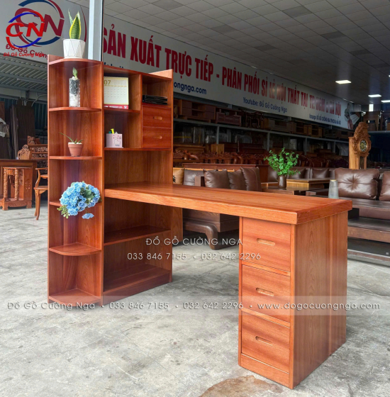 Bàn Làm Việc Gỗ Xoan Đào Kèm Kệ Sách Hiện Đại, Bền Chắc