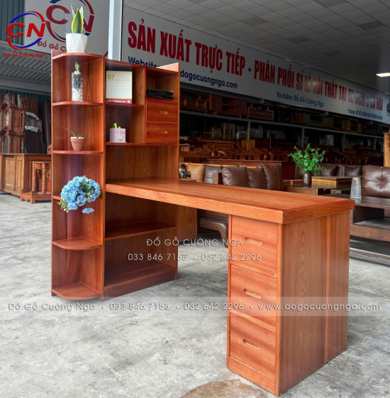 Bàn Học Sinh Gỗ Xoan Đào Tự Nhiên Có Kệ Sách Và Ngăn Kéo Tiện Dụng