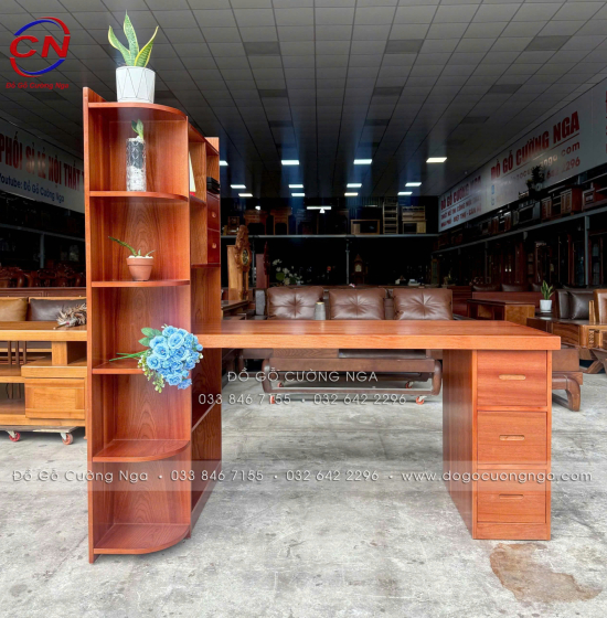 Bàn Làm Việc Gỗ Xoan Đào Kèm Kệ Sách Hiện Đại, Bền Chắc