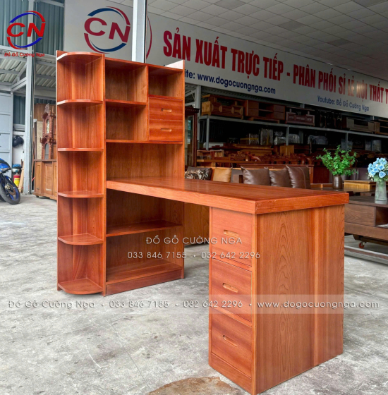 Bàn Làm Việc Gỗ Xoan Đào Kèm Kệ Sách Hiện Đại, Bền Chắc